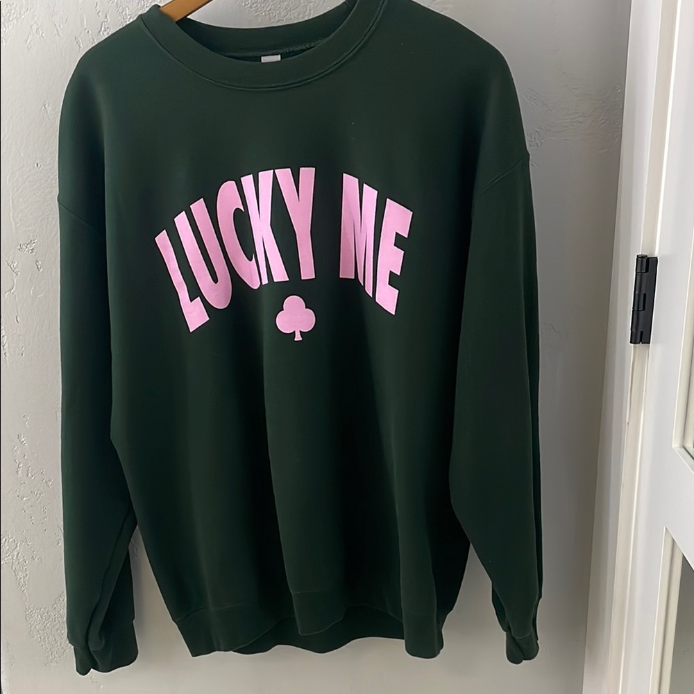 Lucky Brand Green Crewneck Sweater with Pink Accents